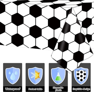 Waterproof football themed disposable plastic tablecloth with soccer hexagon pattern details