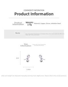 Detail view of pearl and zircon bow earrings with dimensions 2cm height and 1.4cm width
