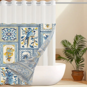 Detail of Mediterranean tile pattern shower curtain with blue parrot and palm leaf print