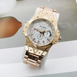 Gold men's quartz watch with large dial and three functional sub-dials on steel band