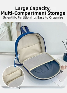 Internal view of blue car-shaped kids backpack featuring multi-pocket storage and mesh pouch