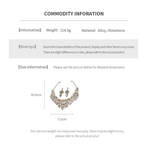 Detailed spec sheet for rhinestone flower necklace and earrings set with 114.3g weight