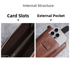Detail of leather wallet featuring internal card slots and external mobile phone pocket