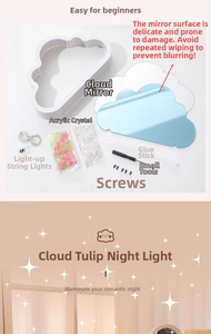 Detailed components of DIY cloud tulip night light kit with LED string and crystals