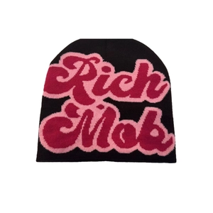 Black knit beanie with red Rich Mob embroidery, warm winter headwear for men and women