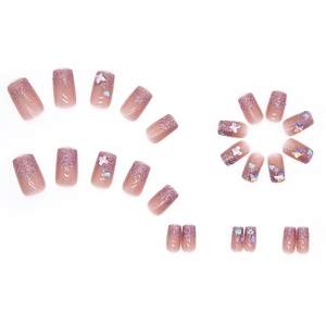 Pink press-on nails with purple glitter gradients and 3D butterfly accents set