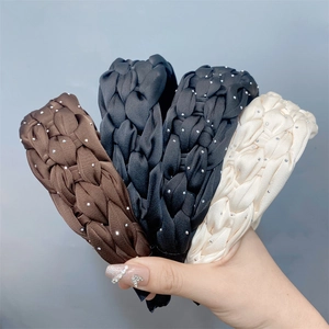 Braided satin headbands with rhinestone accents in brown, blue, grey, and white