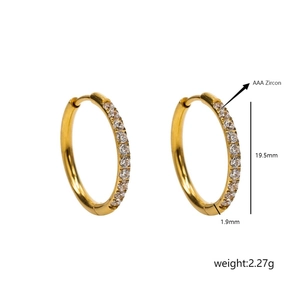Detailed size view of gold hoop earrings with AAA zircon stones and 19.5mm diameter