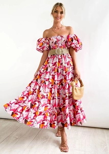 Detail of floral print off-shoulder maxi dress with puff sleeves and layered ruffle hem