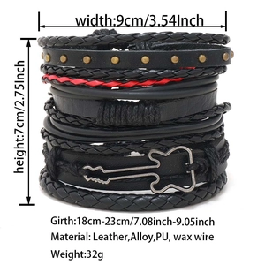 Detail view of stacked black leather bracelets with guitar charm and full dimensions