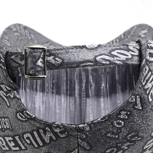 Detail of grey baseball cap with silver text print and adjustable metal buckle back