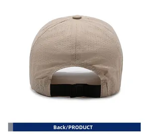 Detail of breathable mesh baseball cap back with adjustable strap and plastic buckle