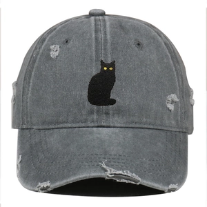 Distressed dark gray cotton baseball cap featuring embroidered yellow-eyed black cat