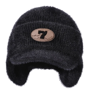 Winter Ear Protection Knit Beanie Hat With Brim Thick Plush Faux Fur Warm Windproof Leather Label Outdoor Cycling Unisex