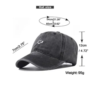 Size chart showing dimensions of washed cotton baseball hat with smiley embroidery