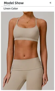 Back view of a strapless yoga bra and high waist leggings set in linen color fabric