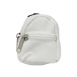 Close-up of white canvas mini doll backpack featuring double zippers and silver hardware