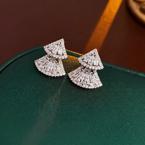Elegant silver fan-shaped double layer stud earrings with zircon crystals