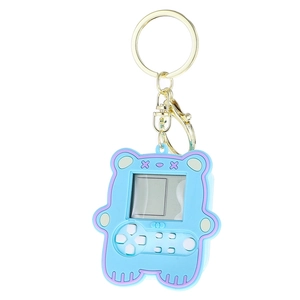 Blue bear-shaped mini handheld game console keychain with metallic gold keyring