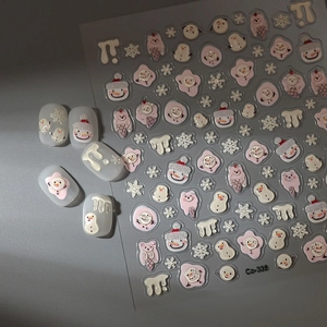 Adesivi per unghie 5D a rilievo con simpatici pupazzi di neve e orsetti gelato rosa