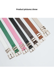 Detail view of seven thin belts in various colors with elegant golden pin buckles