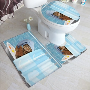 Three-piece bathroom set with cute cat print including bath mat and toilet covers