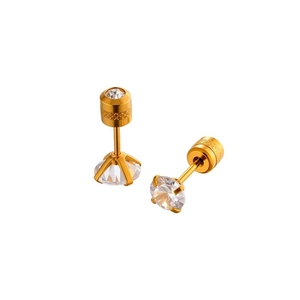 24K gold plated stainless steel stud earrings with round cubic zirconia and screw backs
