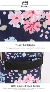Detail of floral nylon wrist bag with elastic arm strap and durable zipper closure