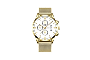 Detail view of gold men's watch featuring a white dial with chronograph sub-dials and date