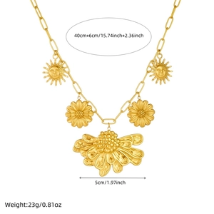 Gold vintage sunflower and sun pendant necklace with thick stainless steel chain for women