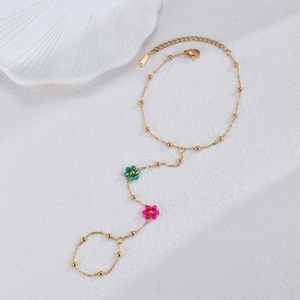 Bohemian 18K gold plated stainless steel flower necklace with beads and matching ring link