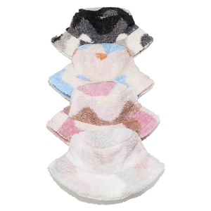 Winter plush bucket hats in colorful wave grid and camouflage patterns for women