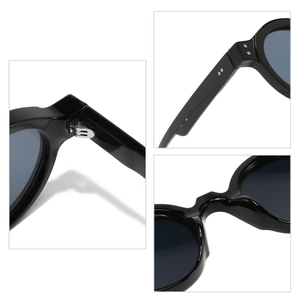 Detalles de gafas de sol redondas retro con montura de plástico negro y bisagras de metal.