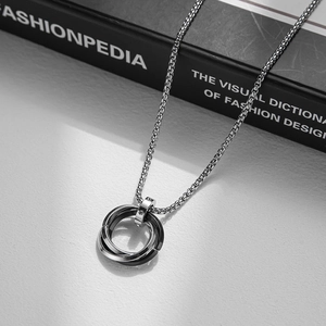 Three-ring interlocking pendant necklace in titanium steel with black and silver finish