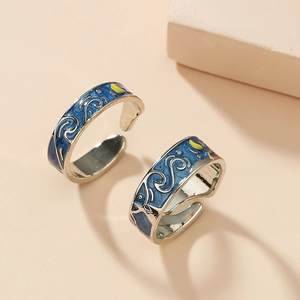 Adjustable Van Gogh Starry Night enamel couple rings set with blue and gold artistic finish