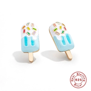 925 Sterling Silver Ice Cream Popsicle Stud Earrings Enamel Creative Cute Summer Gold Plated Jewelry For Women Gift