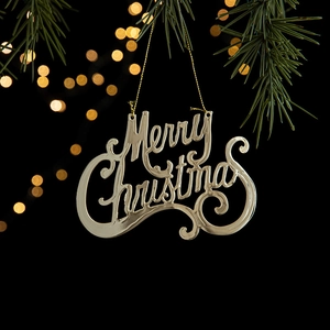 Golden Merry Christmas metal hanging ornament with green pine branch and warm lights