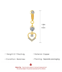 Detail info showing 4.8cm heart belly ring made of copper with white zircon accents