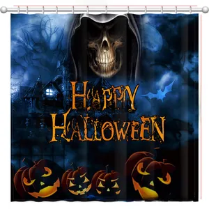 Halloween-Duschvorhang mit gruseligem Totenkopf, Schloss und Kürbissen in Dunkelblau