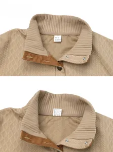 Detail of khaki men's sweater with diamond texture, faux suede trim and metal snaps