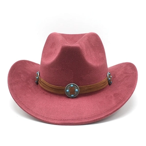 Detail of burgundy suede cowboy hat featuring brown leather band with turquoise studs