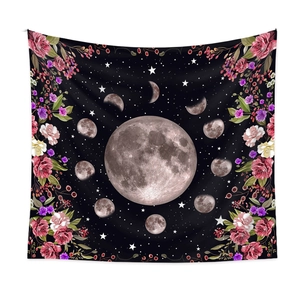 Bohemian black moon phase tapestry with floral border and realistic full moon design