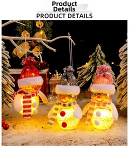 Three glowing snowman ornaments with knitted hats and clear balls filled with fake snow