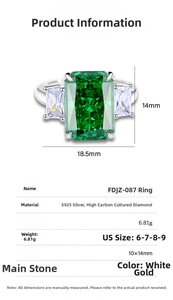 Detailed size chart for S925 sterling silver ring with large emerald cut gemstone