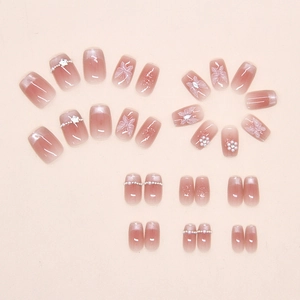 Detailed set of cat-eye press-on nails with 3D butterflies pearls and star accents