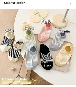 Flat lay of 8-pack striped cotton no-show socks in assorted macaron pastel colors