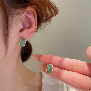 Minimalist green rectangular stud earrings with gold plating for women's fashion