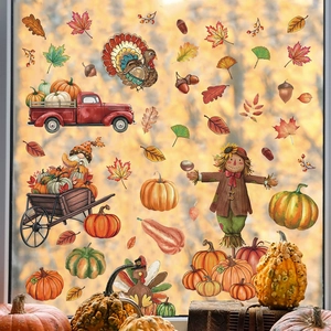 Autumn harvest window clings with maple leaves, pumpkins and scarecrows on glass