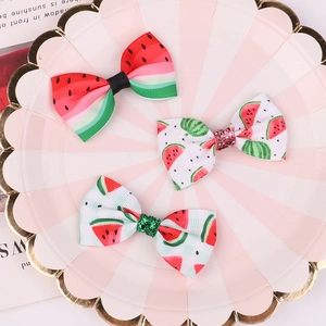 Détail de nœuds à cheveux thème pastèque avec paillettes et motifs imprimés