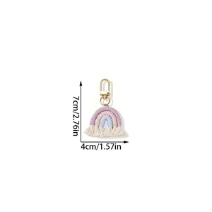 Handmade rainbow woven keychain with cotton tassel and dimensions 7x4cm in white background